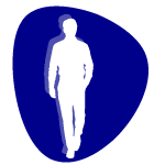 Symbolgrafik einer weißen Figur in Gehbewegung auf blauem Hintergrund mit abgerundeter Form.