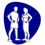 Symbolgrafik eines Mannes und einer Frau, beide in sportlicher Kleidung, mit den Händen in die Hüften gestützt, vor einem blauen Hintergrund mit abgerundeter Form