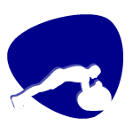 Symbol einer Person in Liegestützposition mit einem Gymnastikball, auf blauem Hintergrund.
