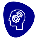 Blaues Icon mit einem Kopf und Zahnrädern für strategisches Denken, Konzentration und Reflexe
