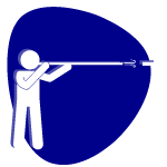 Symbol einer Person mit Blasrohr in Schussposition, auf blauem Hintergrund