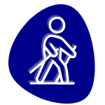 Piktogramm einer Person mit Nordic-Walking-Stöcken auf blauem Hintergrund.