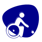 Symbol einer Person im Rollstuhl, die einen Ball rollt, auf blauem Hintergrund.