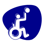 Symbol einer Person im Rollstuhl, die einen Ball wirft, auf blauem Hintergrund.