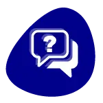 Blaues Icon mit zwei weißen Sprechblasen, eine mit Fragezeichen, für 'Häufig gestellte Fragen beantworten